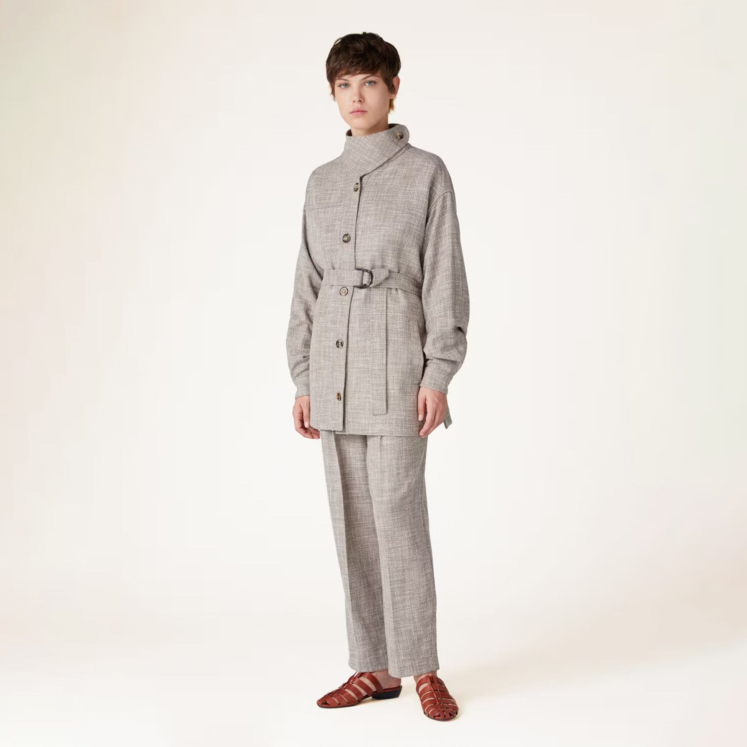 Women's Spring And Autumn Solid Color Standing Collar Single-Breasted Belt Wool Blend Ardian Jacket Casual High-Waisted Lien Pants Ngvp #9161