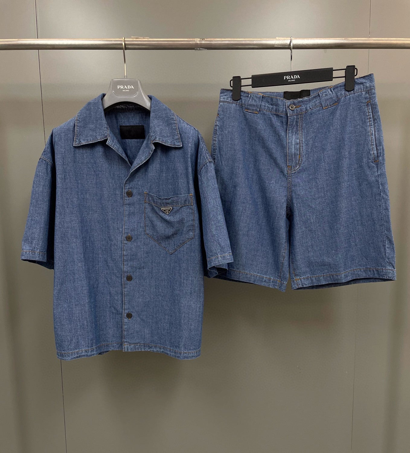 Men's Summer Blue Lapel Single Breasted Short Sleeve Denim Shirt Jacket Shorts Set Suit #98554