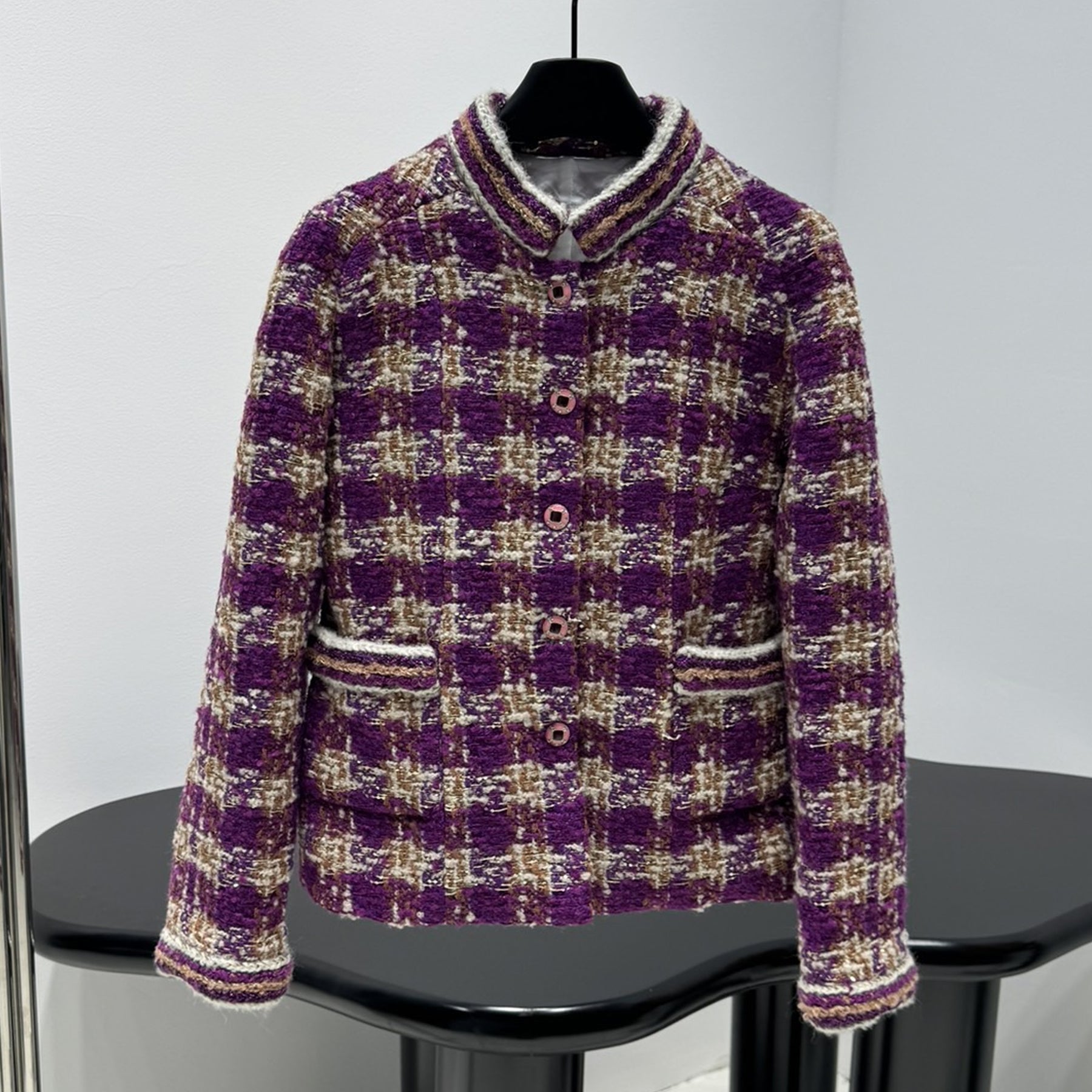 25 New Arrival Women's Sequined Tweed Jacket with Retro Check Woven Pattern and Metal Button Opening #83194A