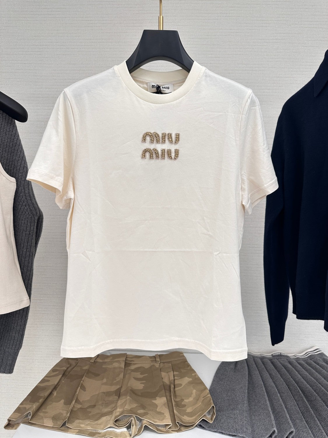 Women's Summer Solid Color Embroidery Beaded Letter Print Round Neck Short Sleeve T-Shirt #75117