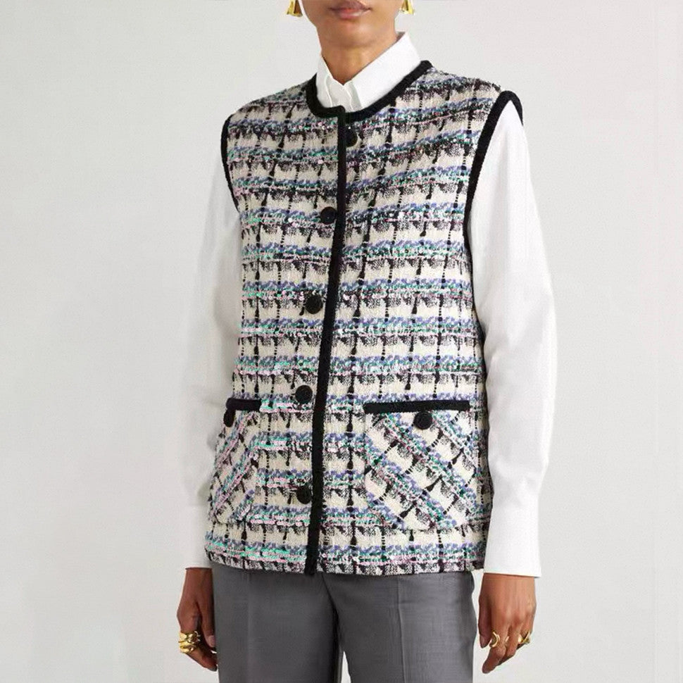 Women's Spring And Winter Tweed Sequins Check Pattern Solid Color Round Neck Single-Breasted Cotton Wool Blend Sleeveless Pocket Vest Ngvp #2111