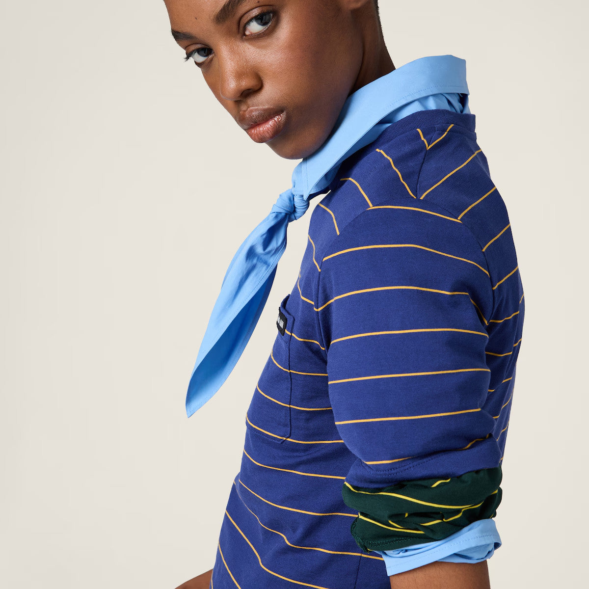 Women's Color Blocking Striped Logo Summer Round Neck Solid Color Knit Short Sleeve Jersey T-shirt #76113