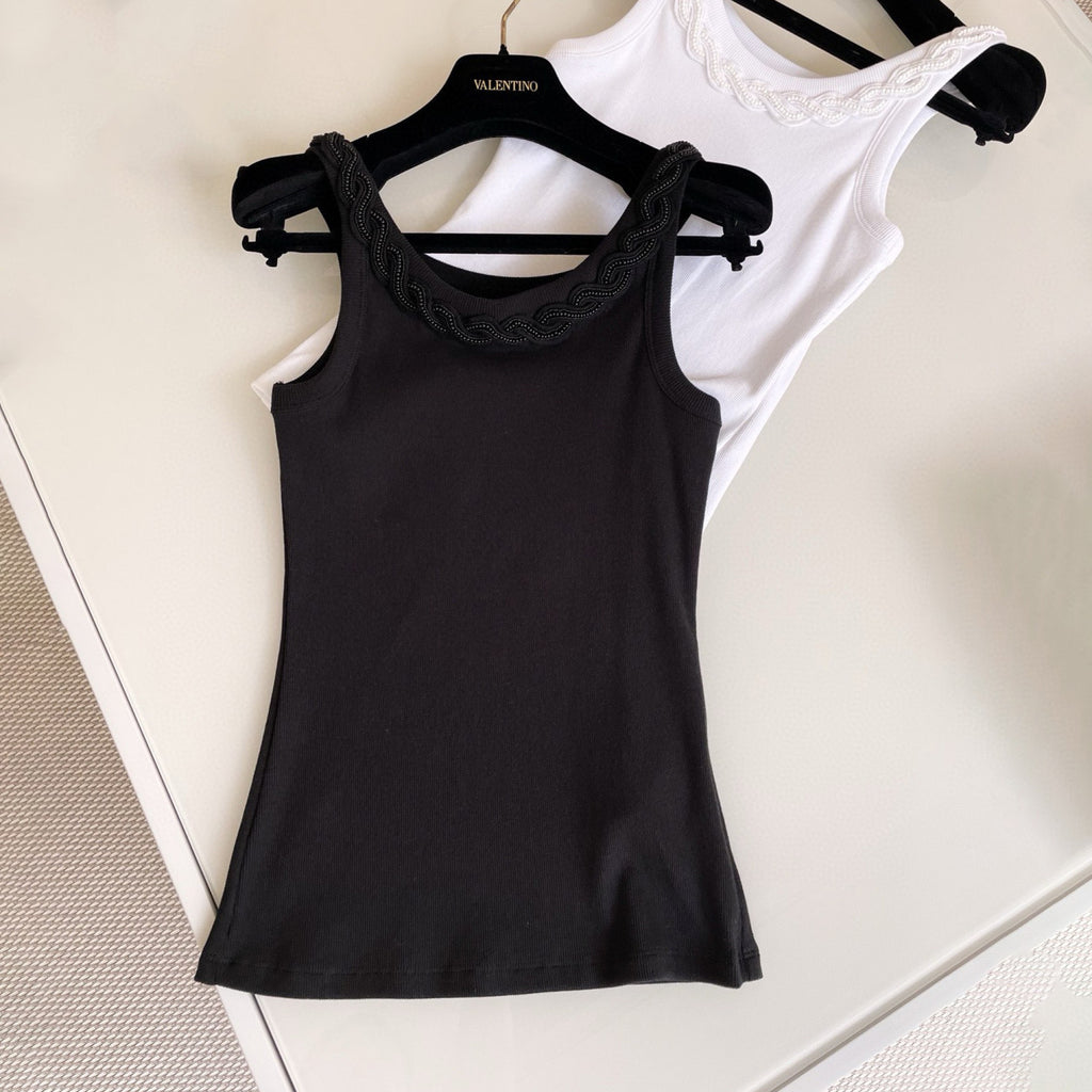 Women's Summer Embroidered Round Neck Sleeveless Fitted Solid Color Pullover Cotton Rib Vest T-Shirt Ngvp #9266