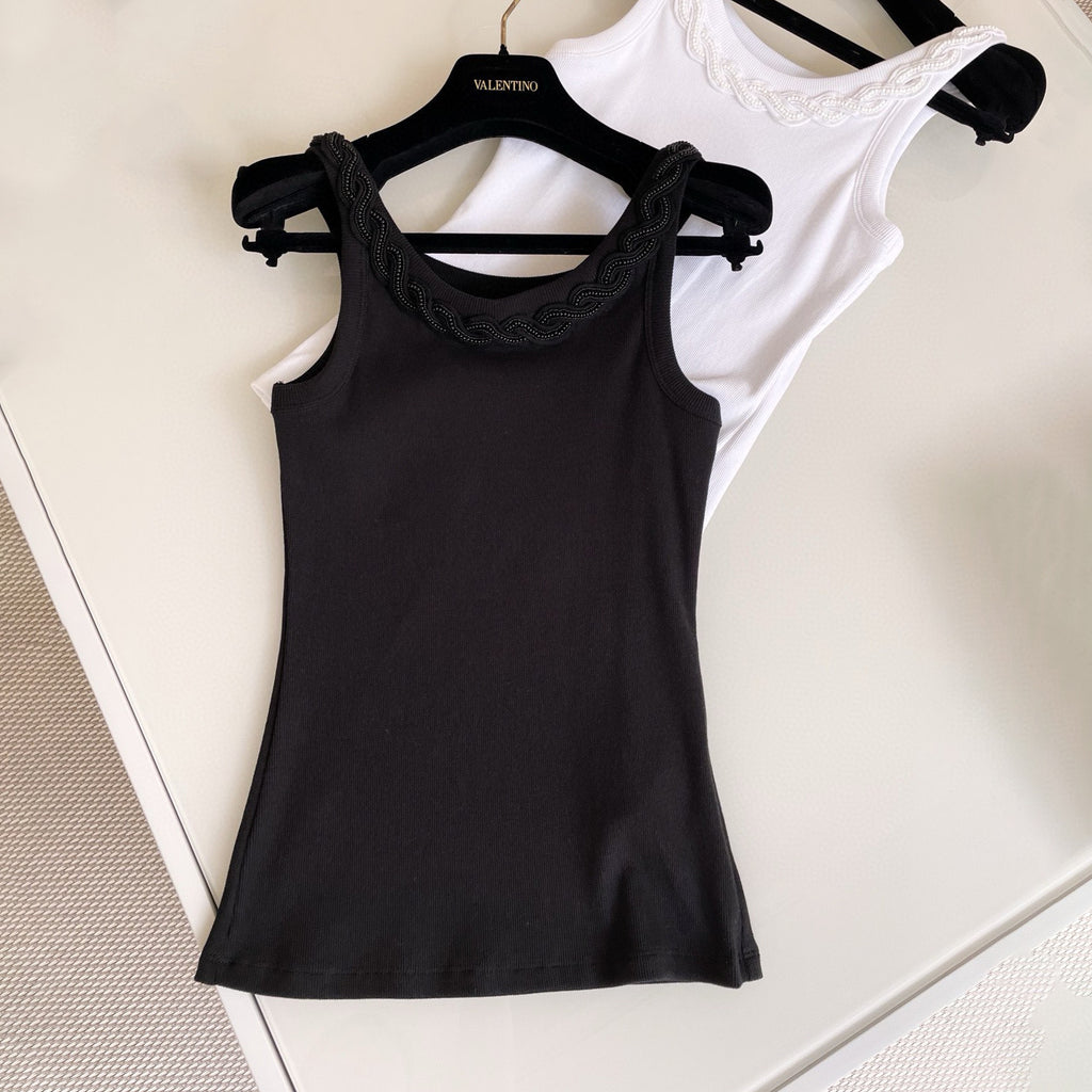 Women's Summer Embroidered Round Neck Sleeveless Fitted Solid Color Pullover Cotton Rib Vest T-Shirt Ngvp #9266