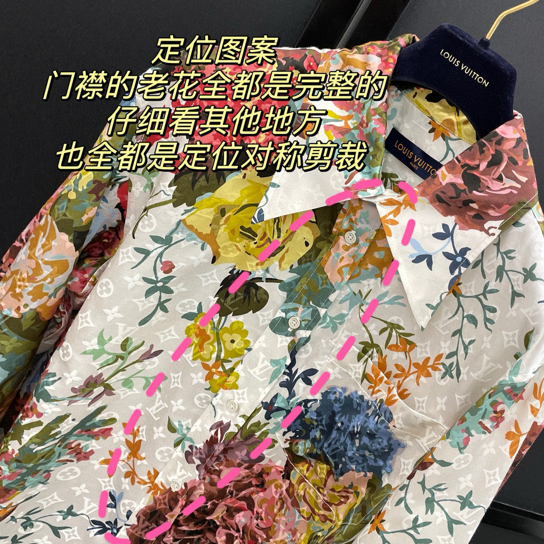 Men's Summer White Floral Print Single Breasted Silk Long Sleeve Shirt #97791