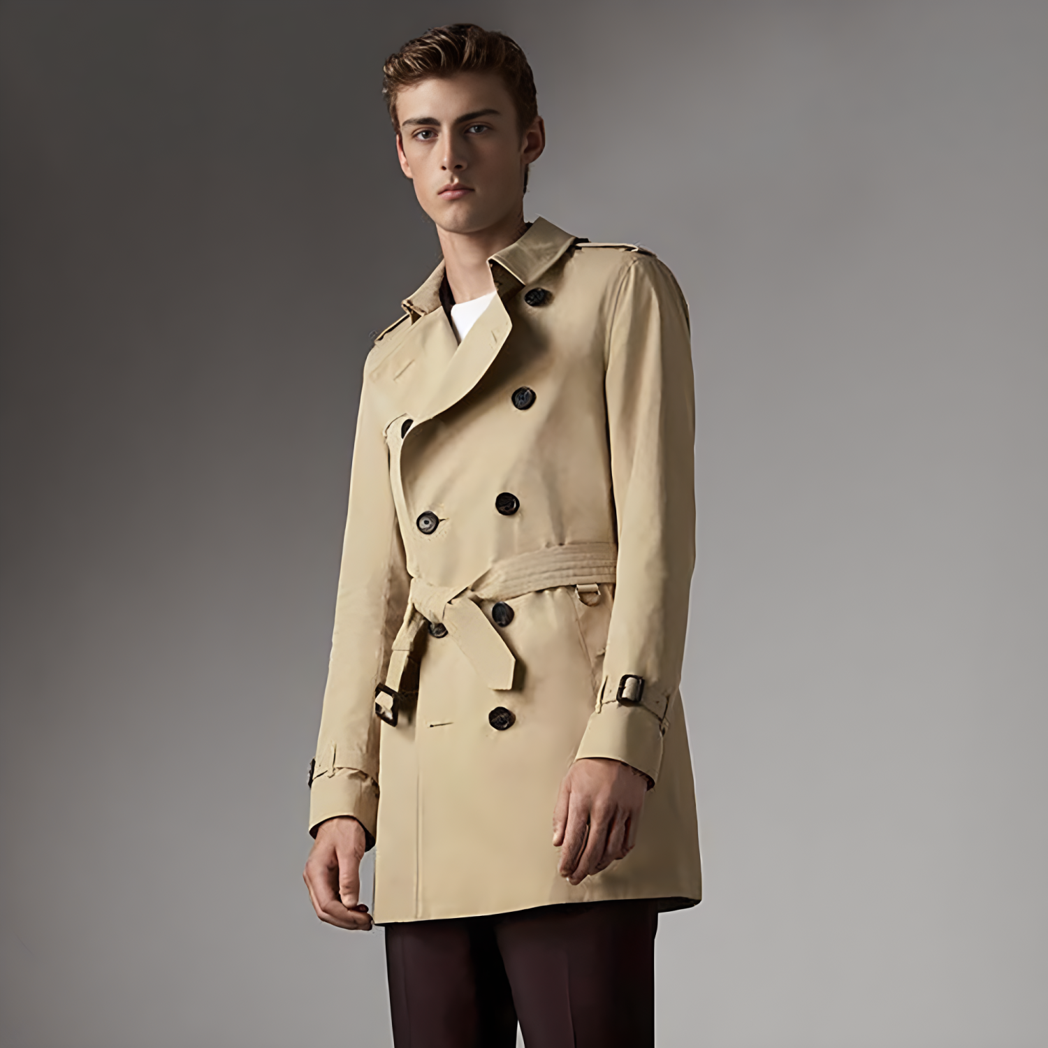 Men's Spring and Autumn Solid Color Double Breasted Mid-Length Waist Trench Coat Jacket #72856