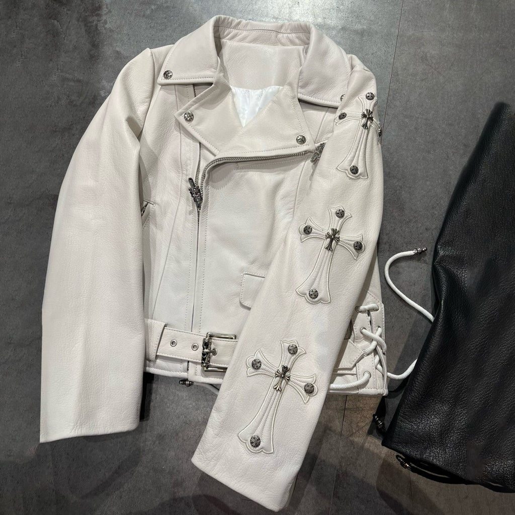 Women's Autumn and Winter Solid Color Slant Zipper Sheepskin Long Sleeve Lapel Biker Jacket #98464