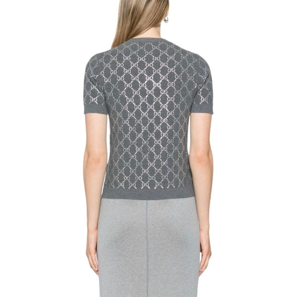 Women's Summer Gray Letter Logo Rhinestone Decoration Slim Short Sleeve Knit T-Shirt #72992