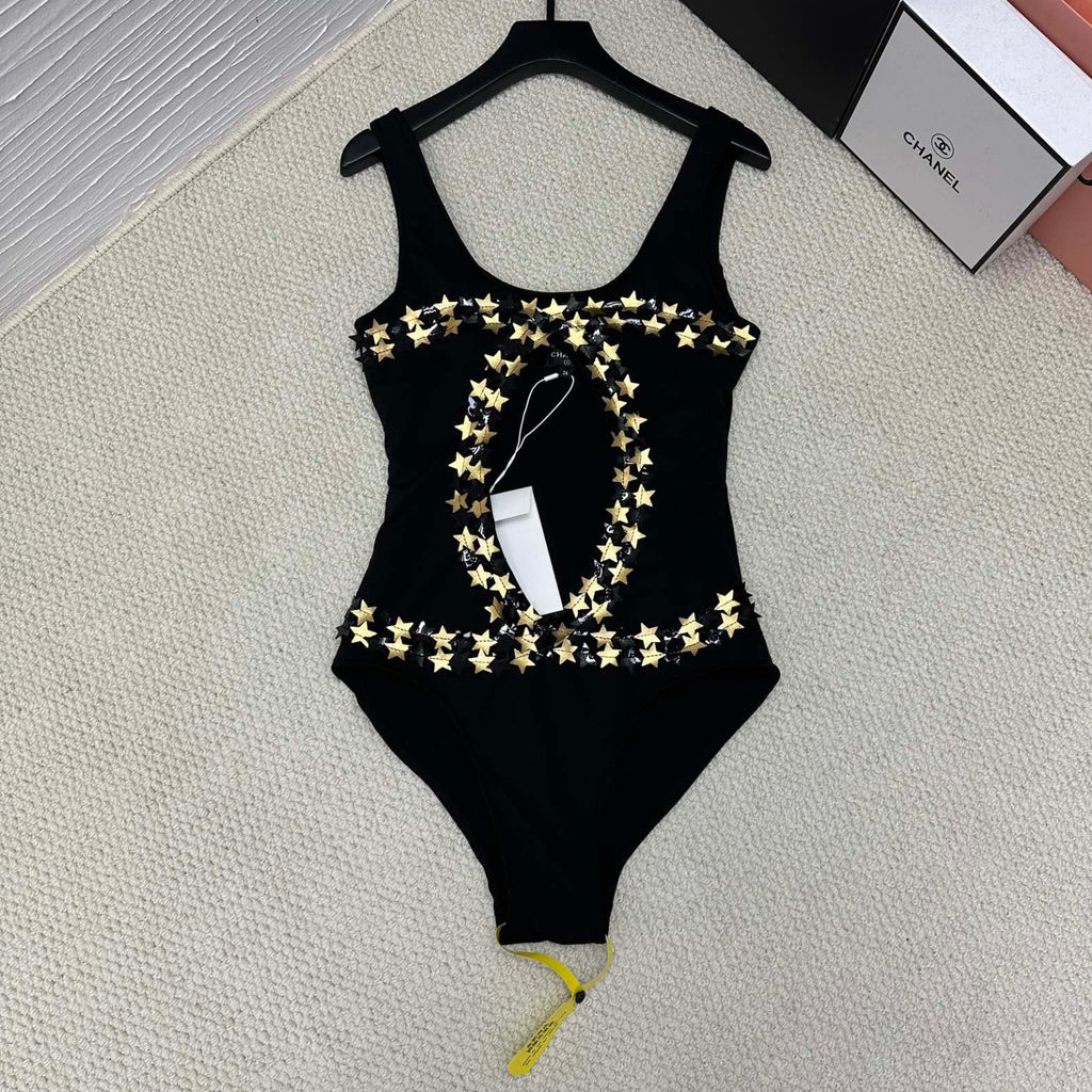 Women's Summer Gold Star Hollow Decoration Black One-piece Swimsuit #72391