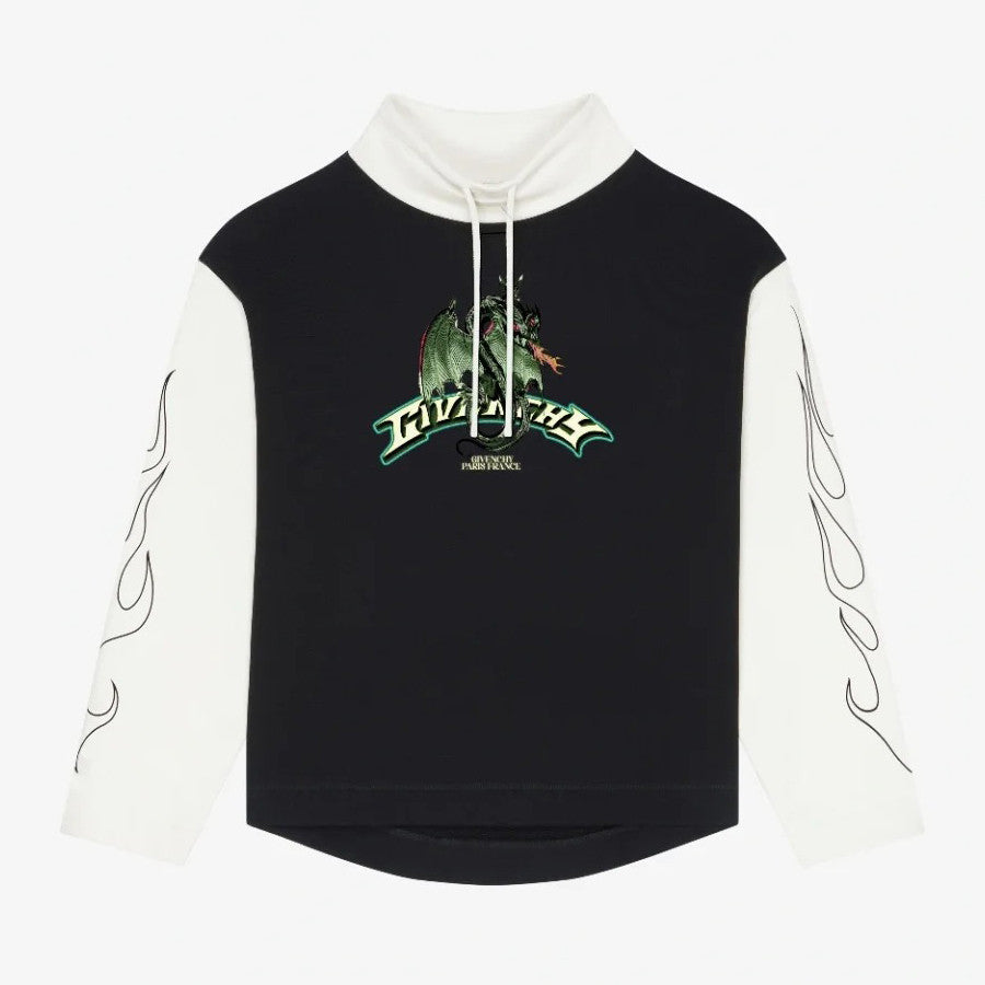 Men's Autumn and Winter Black and White Splicing Dragon Print Long Sleeved Hooded Sweatshirt Pullover #98126