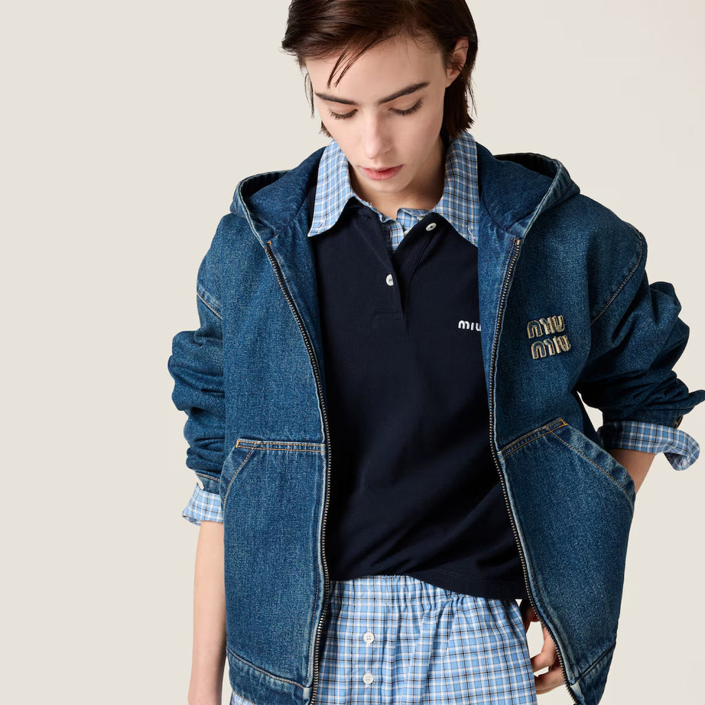 Women's Fall/Winter Denim Hooded Jacket with Zipper Pockets Retro Fashion Trend Dark Blue Jacket #193836