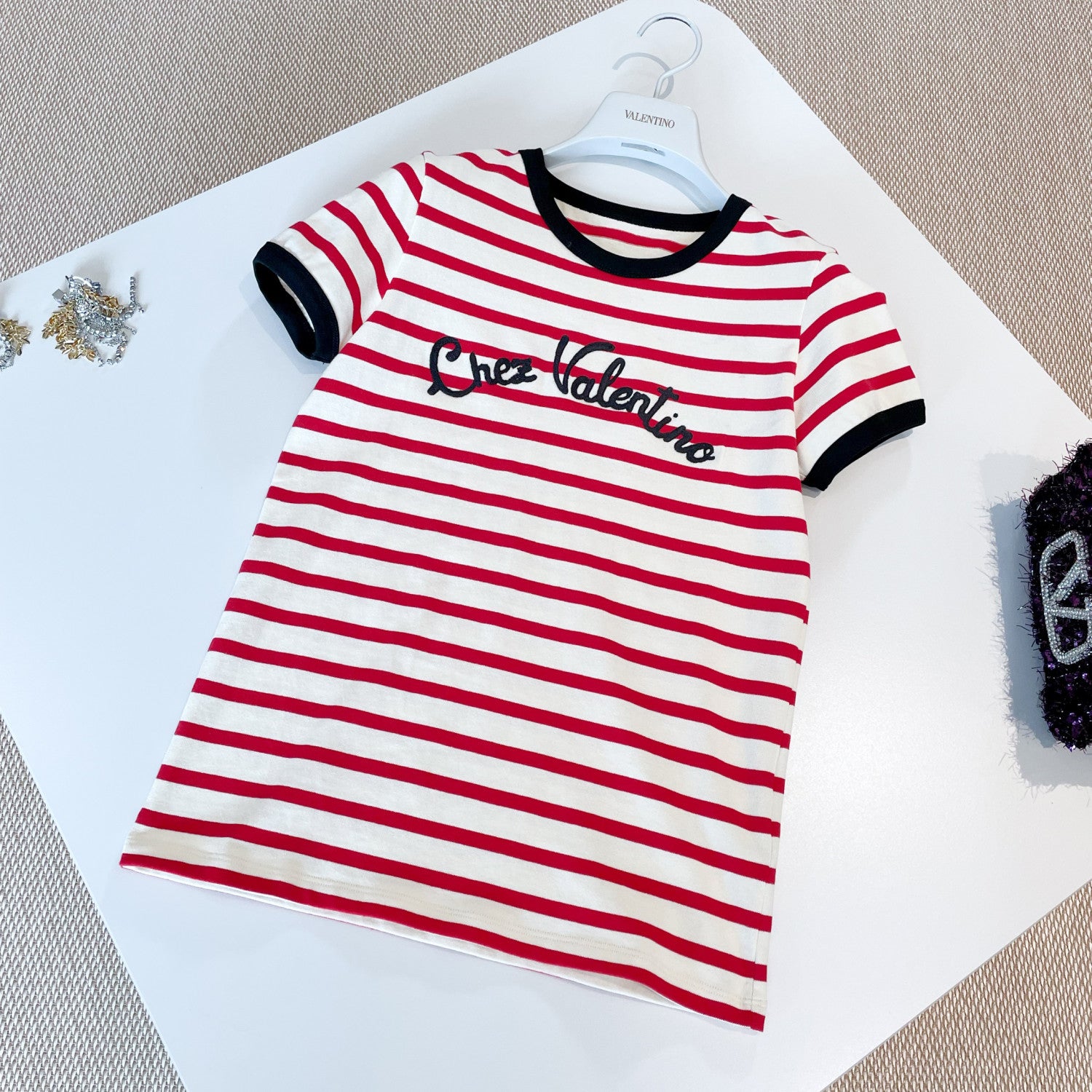 Women's Summer Red and Blue Striped Printed Round Neck Cotton Short Sleeve T-Shirt #75823