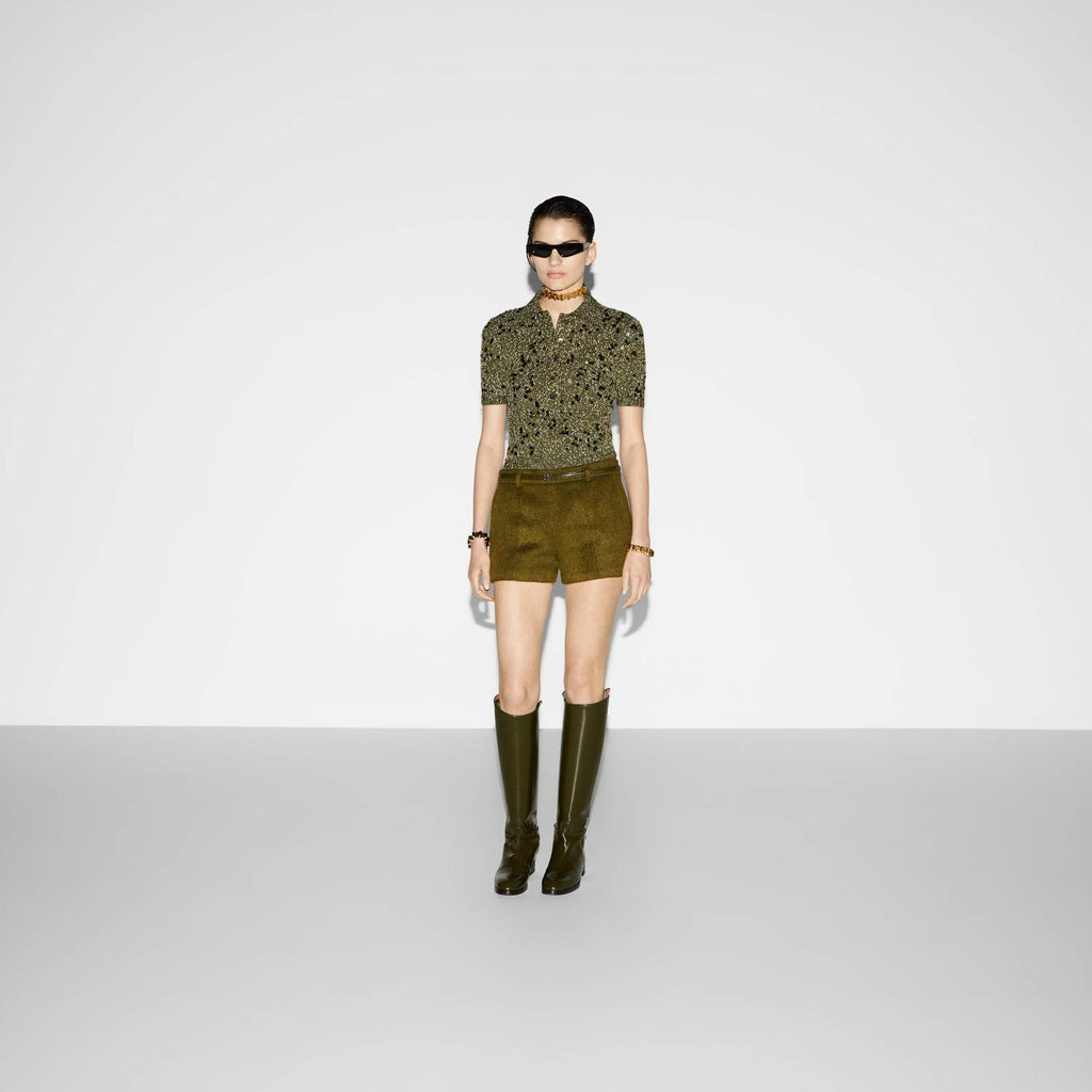 Women's Spring. Summer And Fall Full Print Sequin Embroidery Lapel Knit Short Sleeve Polo Shirt Ngvp #9761