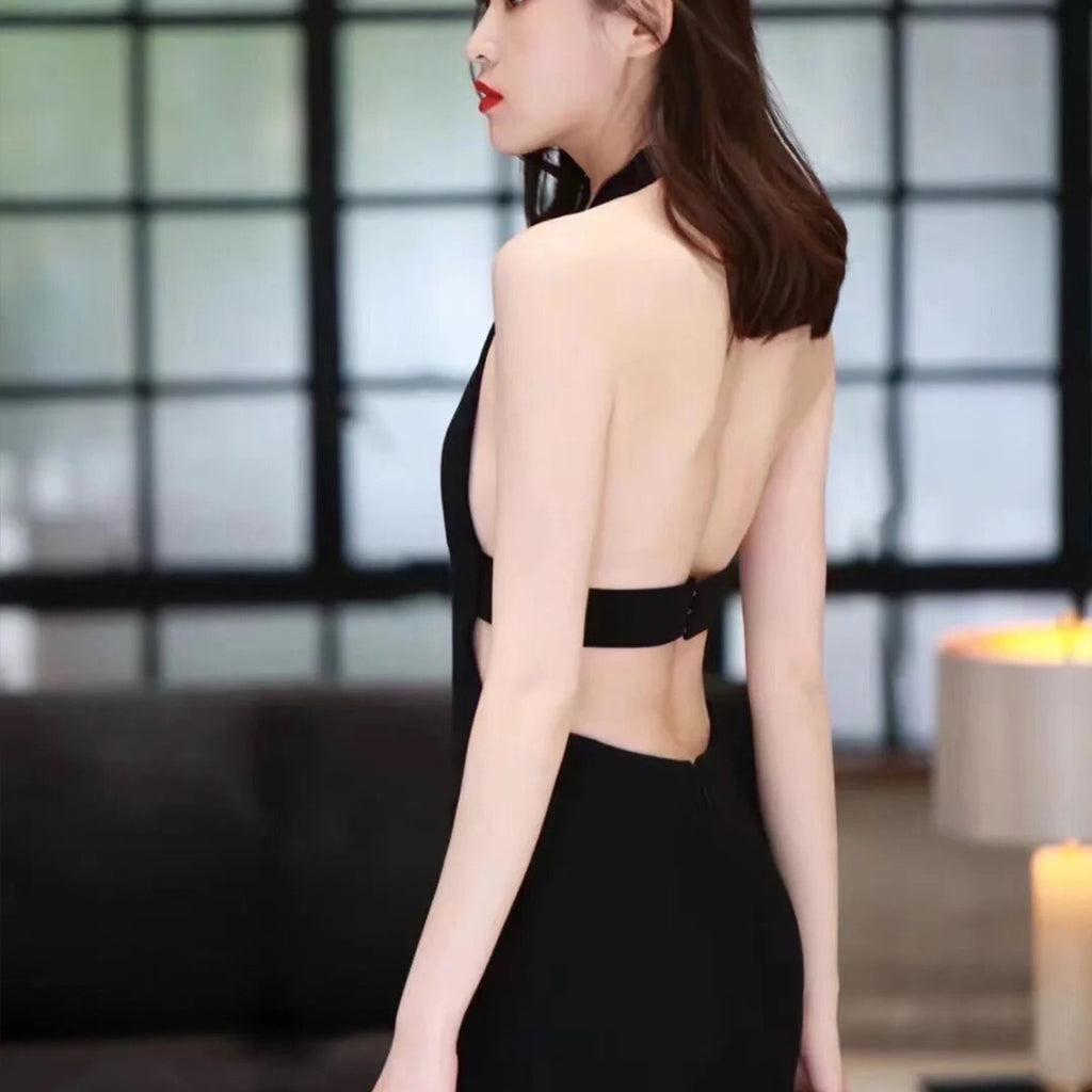 Women's Spring And Summer Black V-neck Long Temperament Luxury Sexy Crystal Decoration Backless Dresses  Ngvp #8795