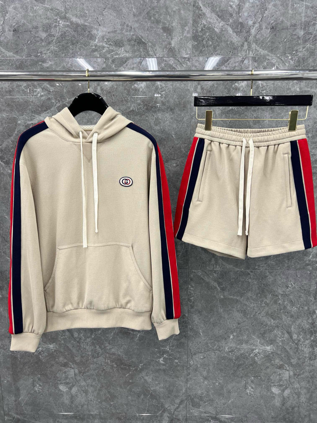 Men's Summer Striped Logo Print Hooded Sweatshirt Pullover Tie High Waisted Shorts Set Suit #98813