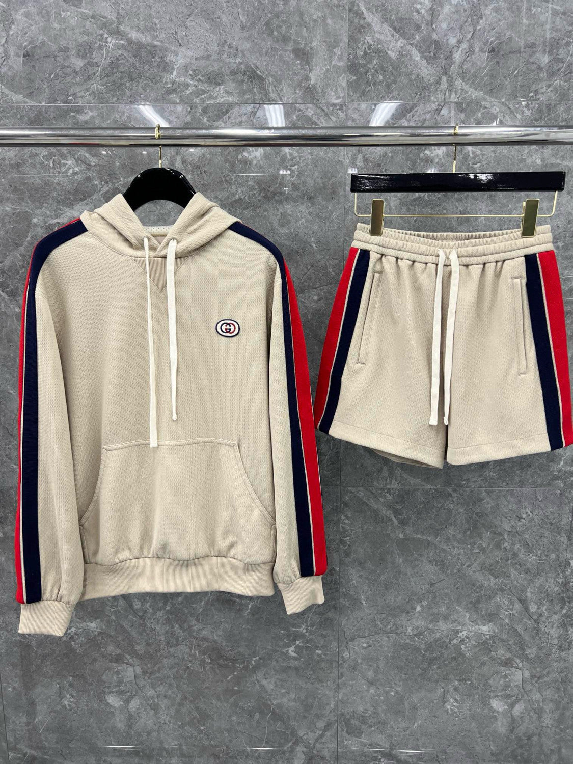 Men's Summer Striped Logo Print Hooded Sweatshirt Pullover Tie High Waisted Shorts Set Suit #98813