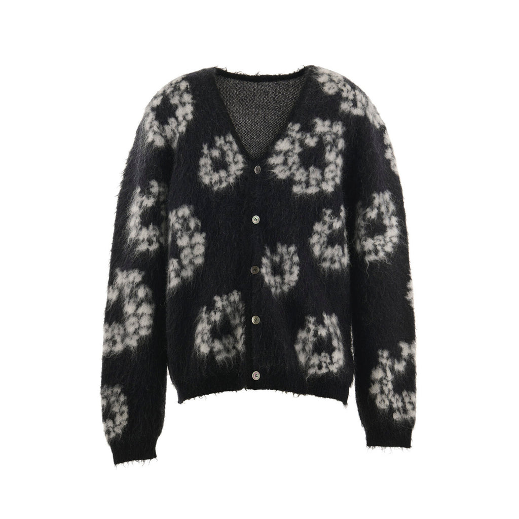 Denim Tears X Saint Michael Men's Vintage Black And White Kapok Wool Knit Sweater Fashion Casual Mohair Cardigan Single Breasted Knitted Jacket Ngvp #9824