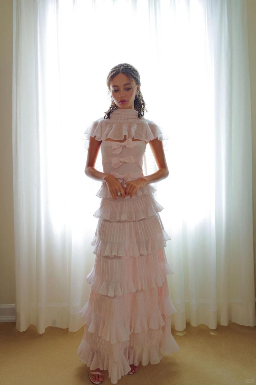 25K Solid Color Pleated Knitted Design Suspender Long Dress Mohair And Silk Light Pink #332234