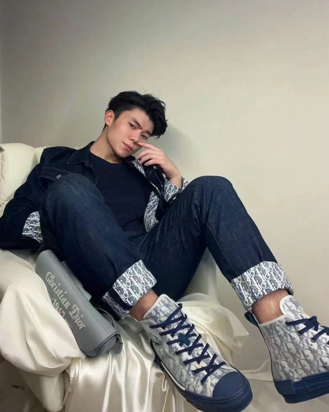 Men's Spring and Autumn Printed Blend Long Sleeve Denim Shirt Jacket Slim Cropped Mid-Rise Jeans Pants Suit Set #97916