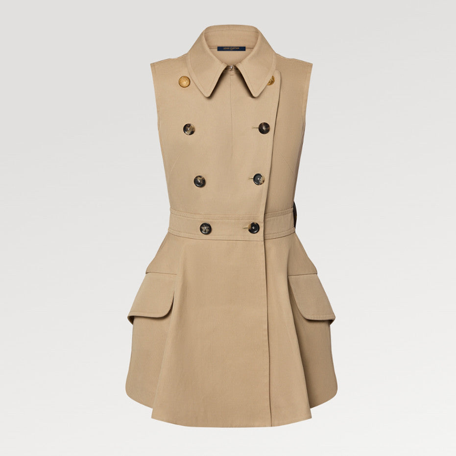 Women's Summer Cotton Solid Color Lapel Double Breasted Short Gabardine Waisted Sleeveless Dresses Ngvp #8836