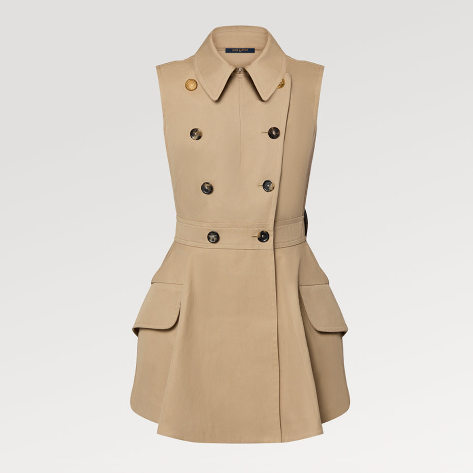 Women's Summer Cotton Solid Color Lapel Double Breasted Short Gabardine Waisted Sleeveless Dresses Ngvp #8836