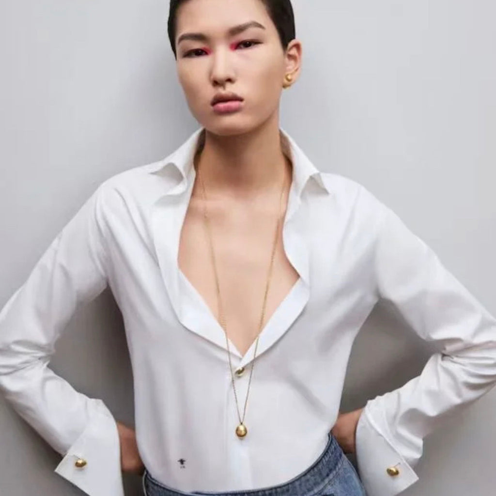 Women's Spring and Autumn Solid Color Logo Embroidery White Lapel Long Sleeve Shirt #72764