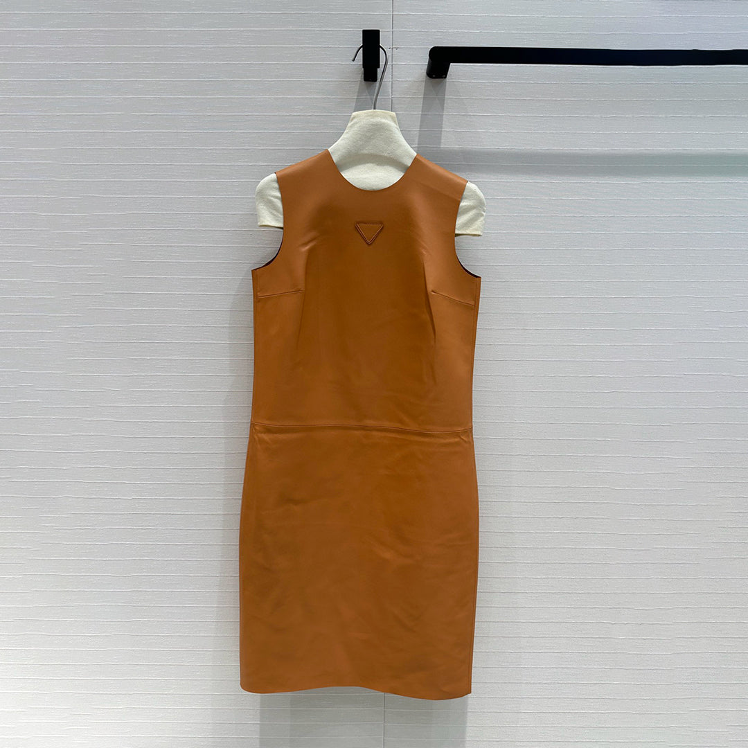 Women's Fashion Luxury Spring And Summer Round Neck Leather Sleeveless Vest Dress Lambskin Comfortable Trend Temperament Dresses #71957