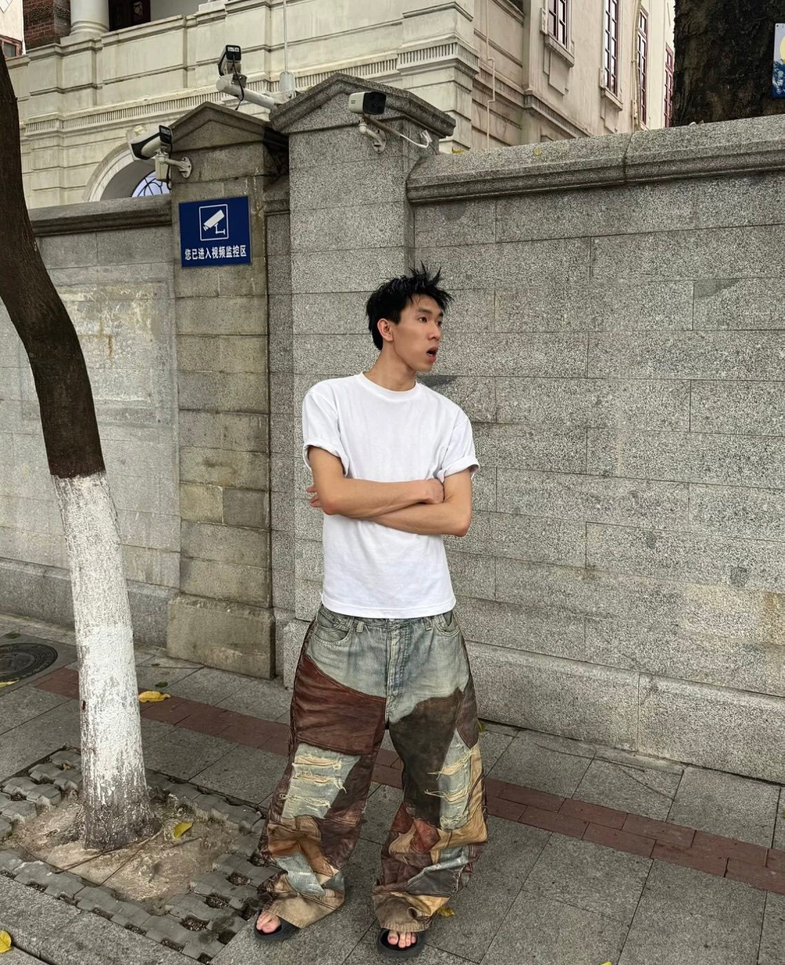 Men's Four Seasons Vintage Mud Dye Spliced Printed Loose Cotton Mid Waist Wide Leg Denim Pants Ngvp #8369