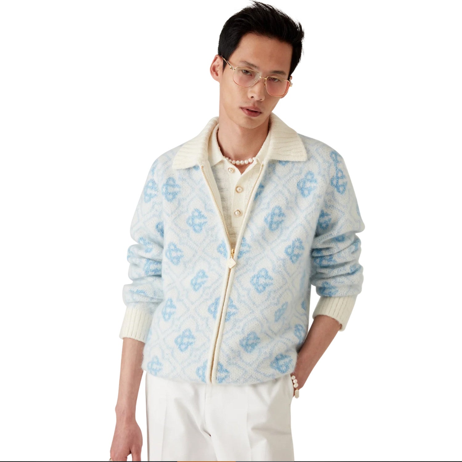 Men's Fall/Winter Blue & White Letter Checkered Color-Block Knit Cardigan Jacket Fashionable Casual Zipper-Front Knit Cardigan #193193