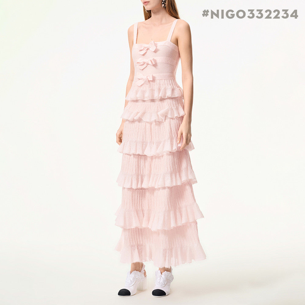 25K Solid Color Pleated Knitted Design Suspender Long Dress Mohair And Silk Light Pink #332234