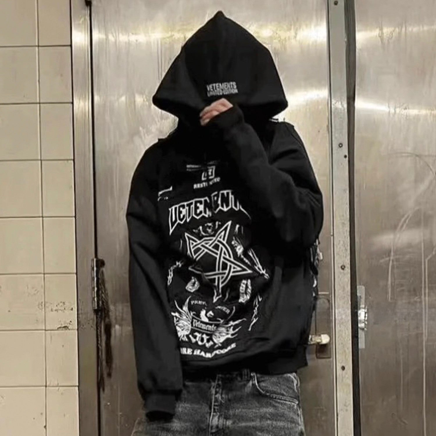 Vetements Men's Fashion Letter Graffiti Pentagram Embroidery Loose Black Zipper Long Sleeve Hoodie Ngvp #7796