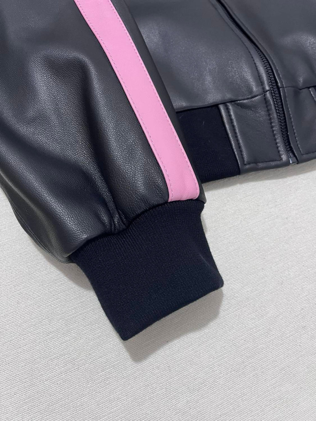 Women's Spring and Autumn Alphabet Logo Printed Striped High Neck Zipper Leather Jacket Elastic Low Waist Pants Suit Set #72526