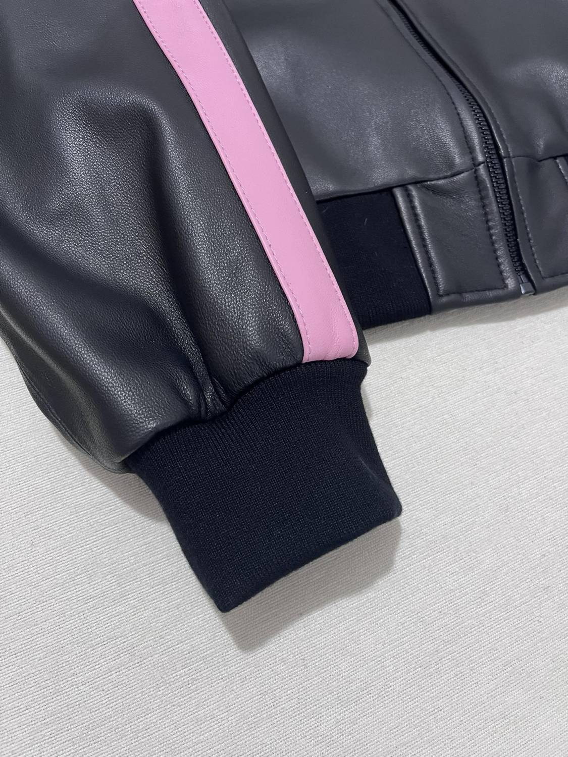 Women's Spring and Autumn Alphabet Logo Printed Striped High Neck Zipper Leather Jacket Elastic Low Waist Pants Suit Set #72526