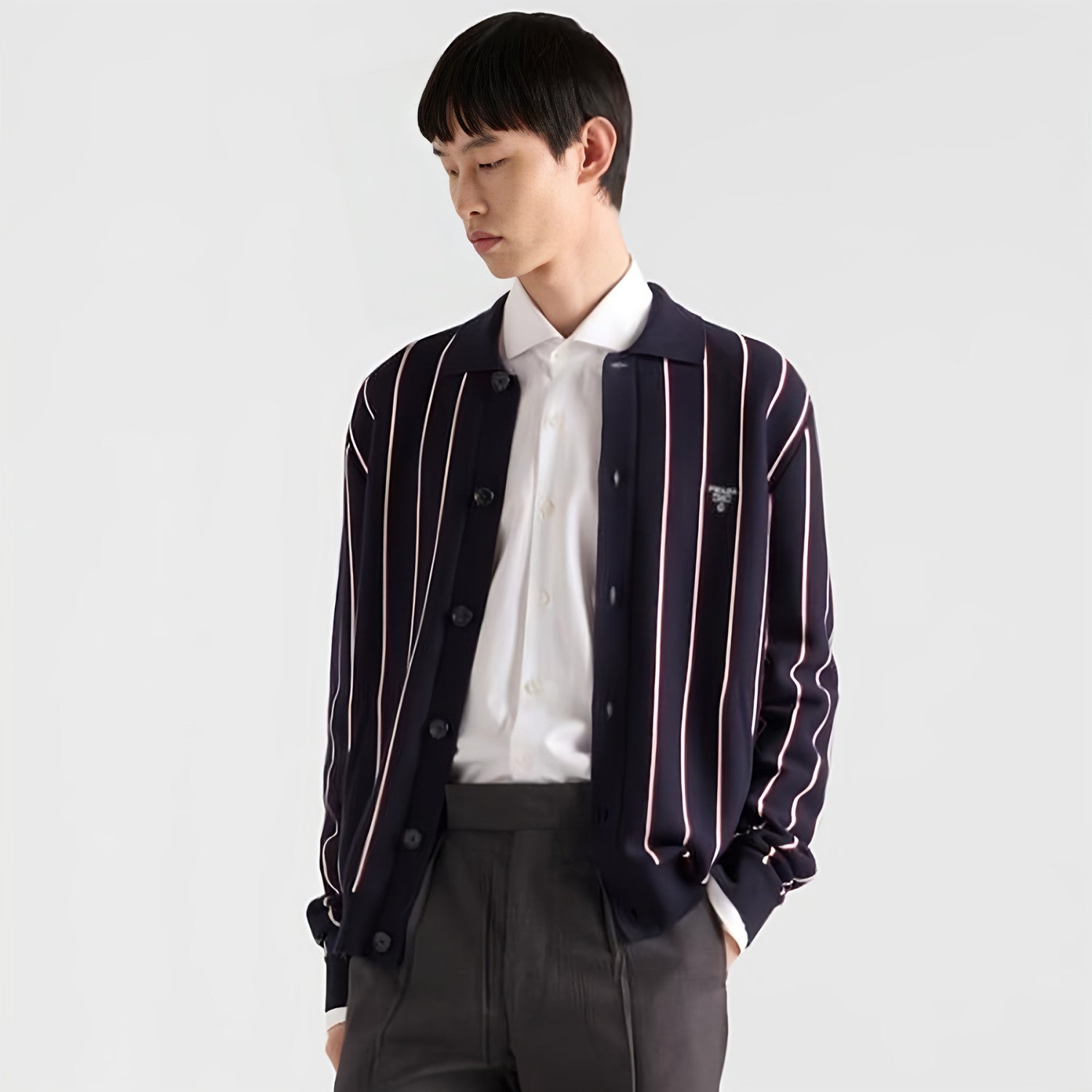 men's Fall/winter 2025 Striped Embroidered Long-sleeve Sweater Single-button Fashion Loose-fit Cardigan #81938A