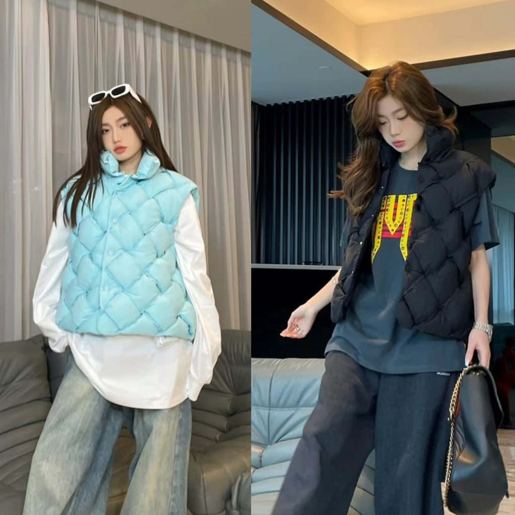 Men's Women's Woven Down Vest Solid Color Standing Collar Single Breasted White Duck Down Jacket Vest Ngvp #7216