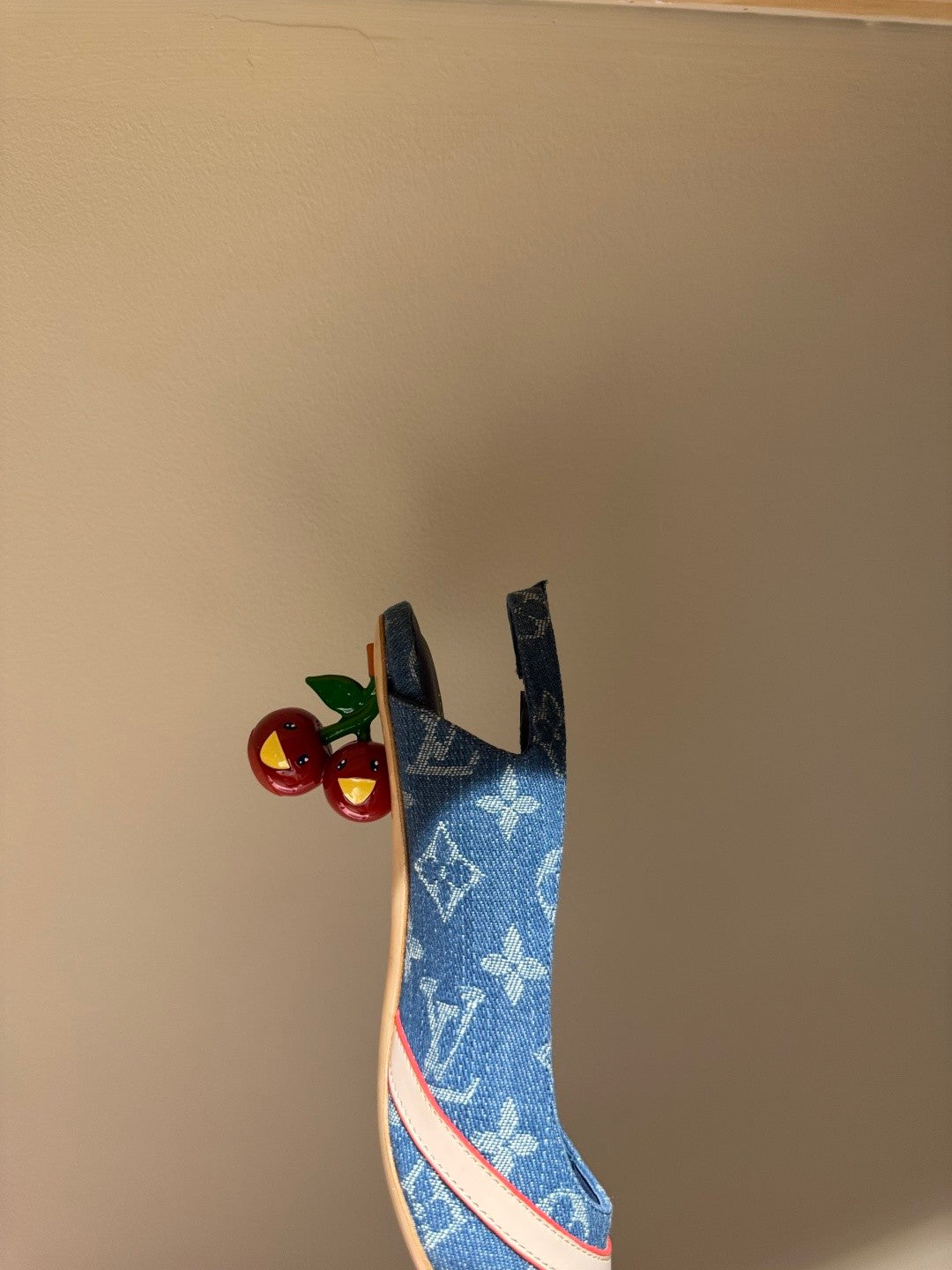 Women's Pointed Denim Print Metal Buckle Fine Heel Cherry Heel Retro Solid Color High Heels Casual Slippers Shoes #77858