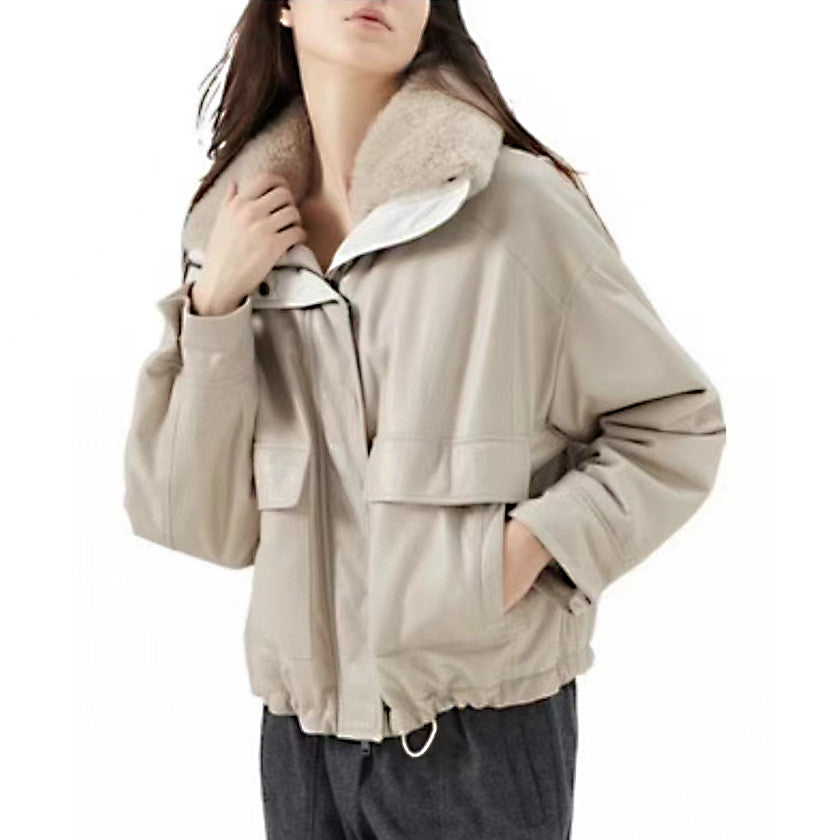 Women's Winter Beige Fur Collar Silhouette Soft Napa Lambskin Long Sleeve Leather Jacket #98471
