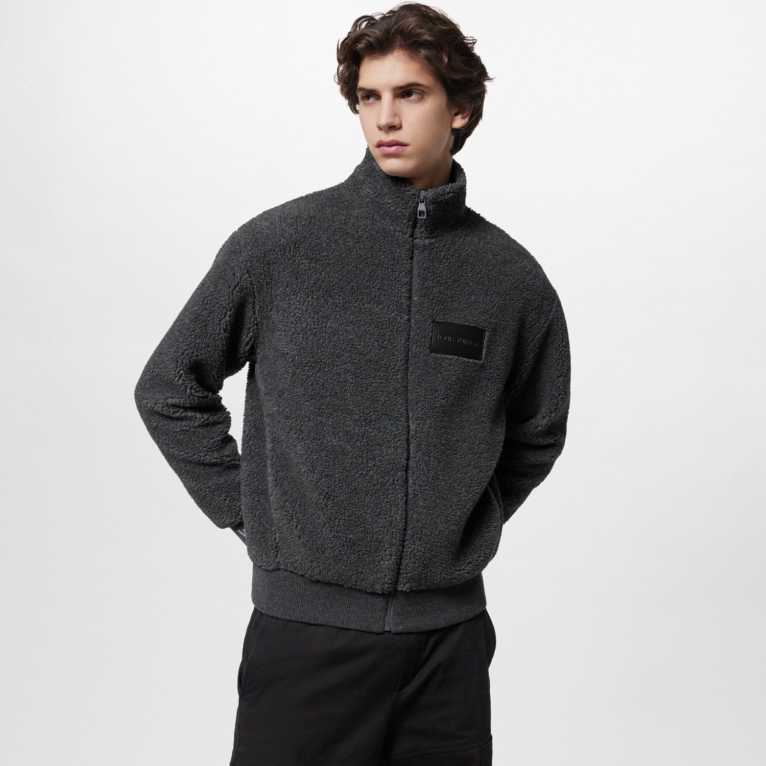 Men's Spring & Autumn Solid Color Logo Jacquard Suede Drawstring Zipper Long Sleeve Jacket #71471