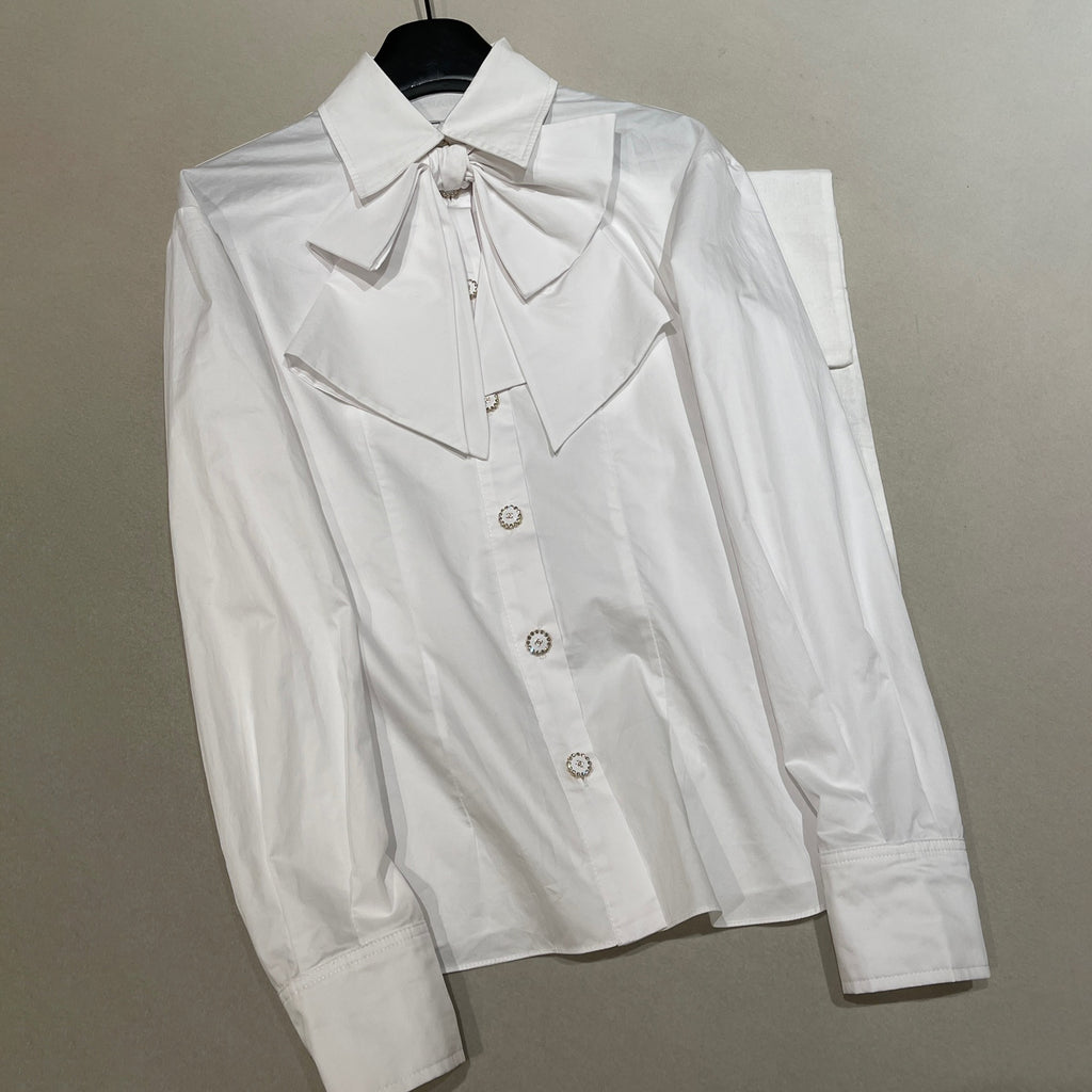 Women's Spring/Summer White Bow Cotton Collar Shirt Understated Luxury. Elegant and Refined Button-Up Long Sleeve Shirt  #194474