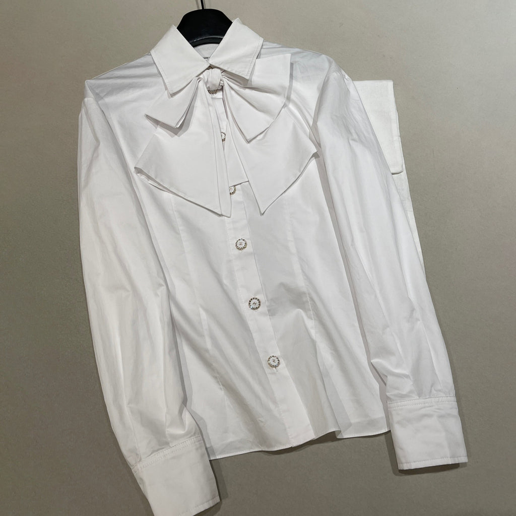 Women's Spring/Summer White Bow Cotton Collar Shirt Understated Luxury. Elegant and Refined Button-Up Long Sleeve Shirt  #194474