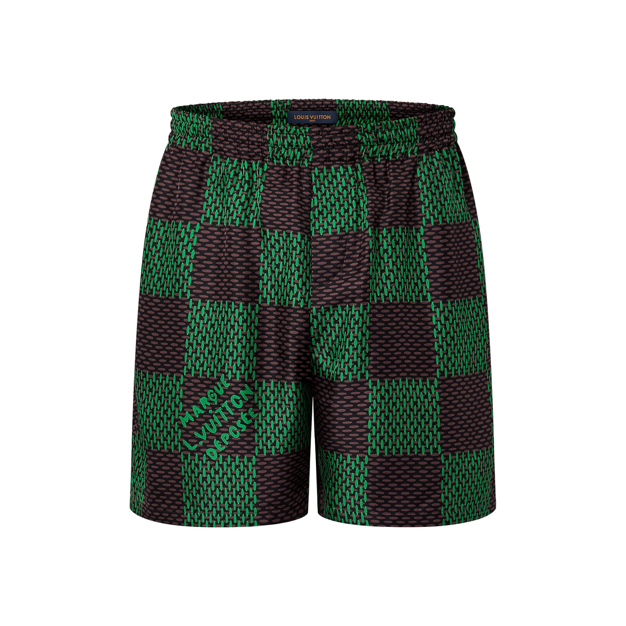 Men's Summer Green Checkerboard Logo Pattern Single Breasted Loose Short Sleeved Shirt High Waisted Elastic Leisure Shorts Pants Sei Suit #98616