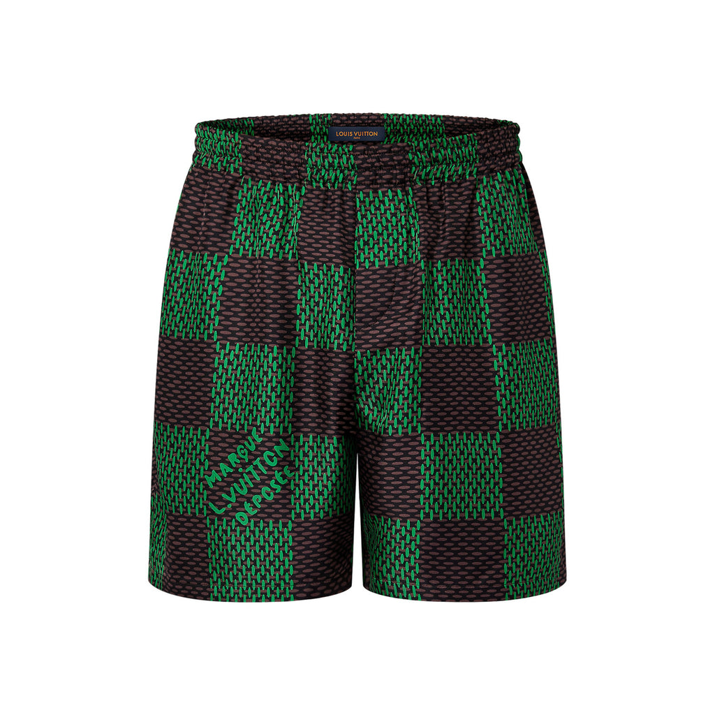 Men's Summer Green Checkerboard Logo Pattern Single Breasted Loose Short Sleeved Shirt High Waisted Elastic Leisure Shorts Pants Sei Suit #98616