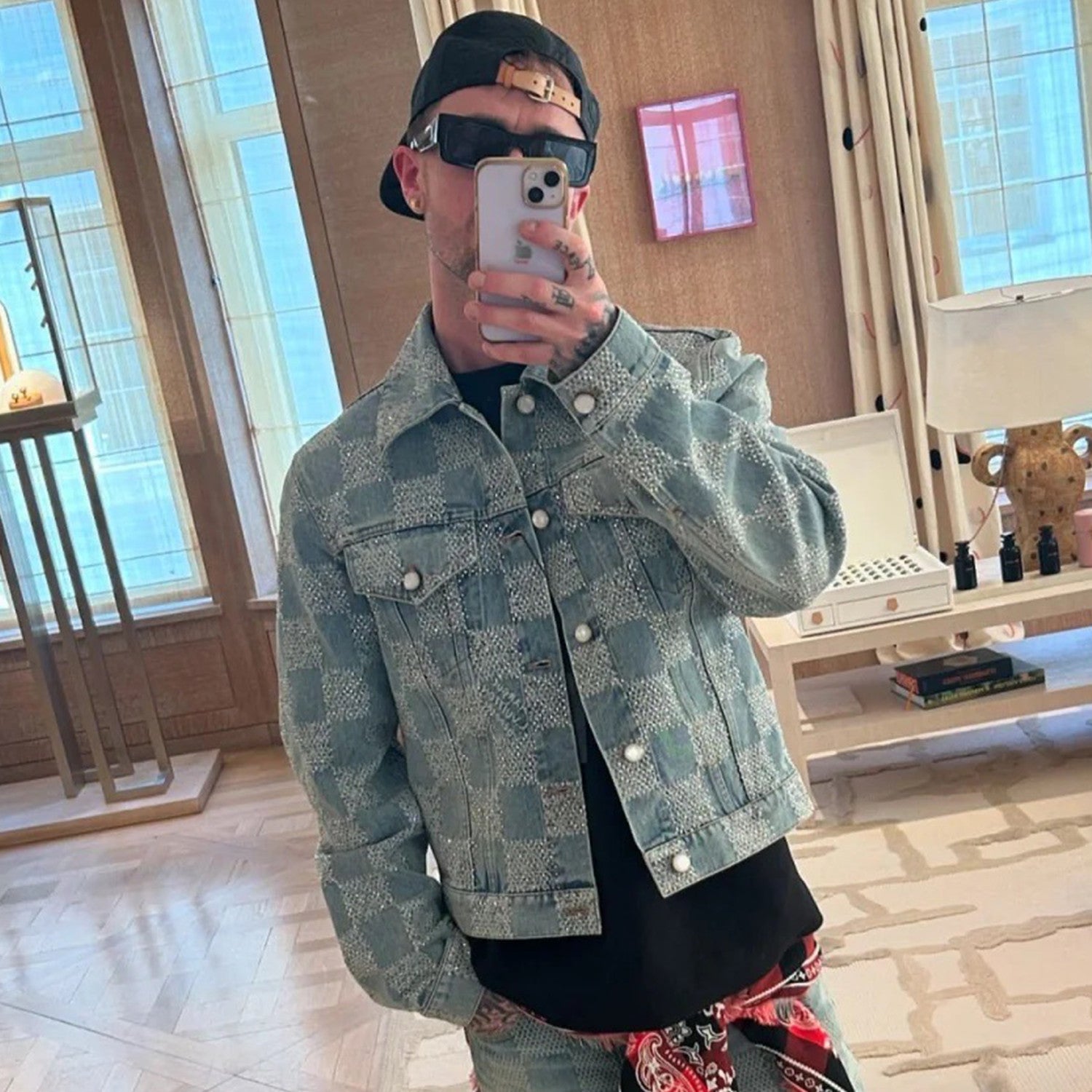 Men's Fall And Winter Mto Embellished Damier Denim Jacket Checkerboard Checkered Jacket With Diamonds Fashionable Versatile Jacket Ngvp #9126