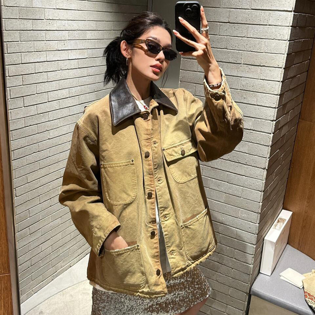 Women's Men's Vintage Gradient Fashion Canvas Cotton Jacket Single Breasted Leather Collar Casual Jacket Ngvp #8945