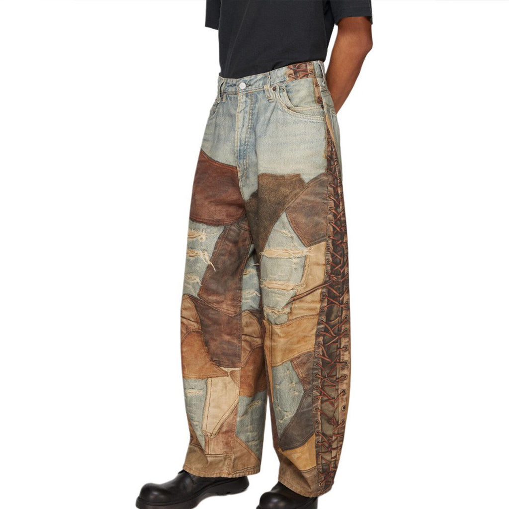 Men's Four Seasons Vintage Mud Dye Spliced Printed Loose Cotton Mid Waist Wide Leg Denim Pants Ngvp #8369