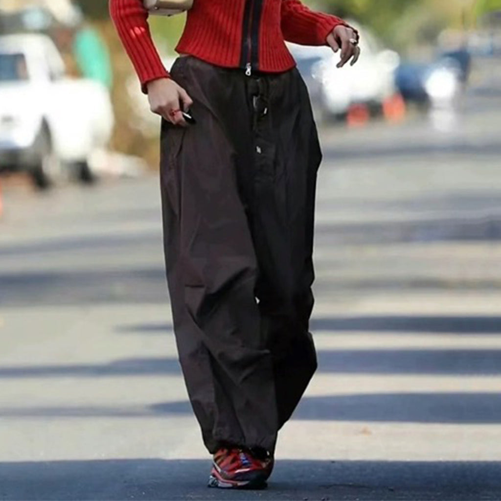 Men's Women's Spring And Summer Solid Color Wide Leg Loose Pants Drawstring Metal Button Retro High Street Casual Pants Ngvp #8294