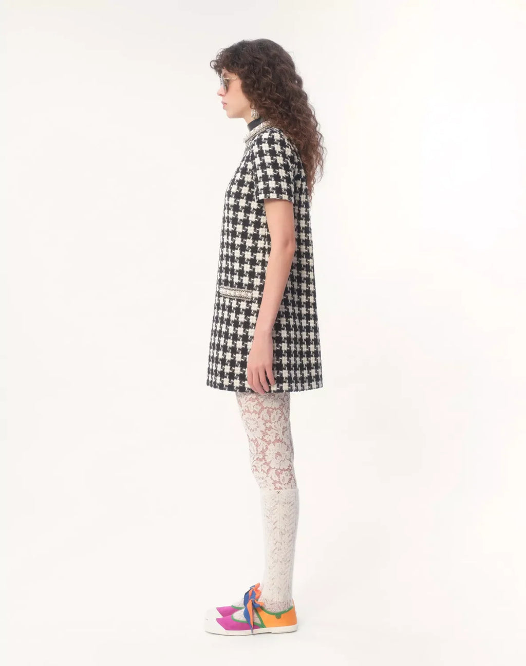 Women's Summer Embroidered Damir Light Tweed Rhinestone Round Neck Check Fitted Short Dresses Ngvp #9733