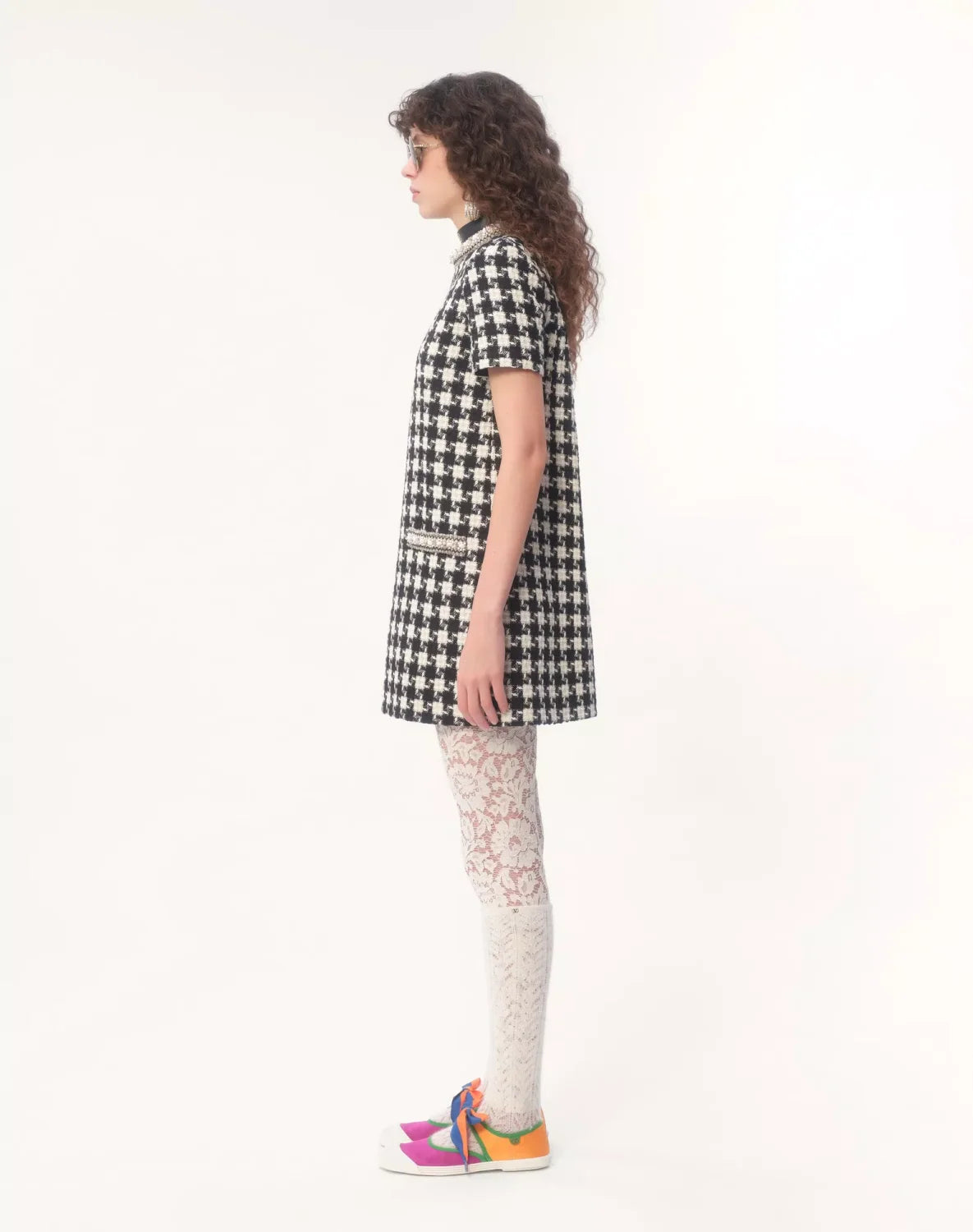 Women's Summer Embroidered Damir Light Tweed Rhinestone Round Neck Check Fitted Short Dresses Ngvp #9733