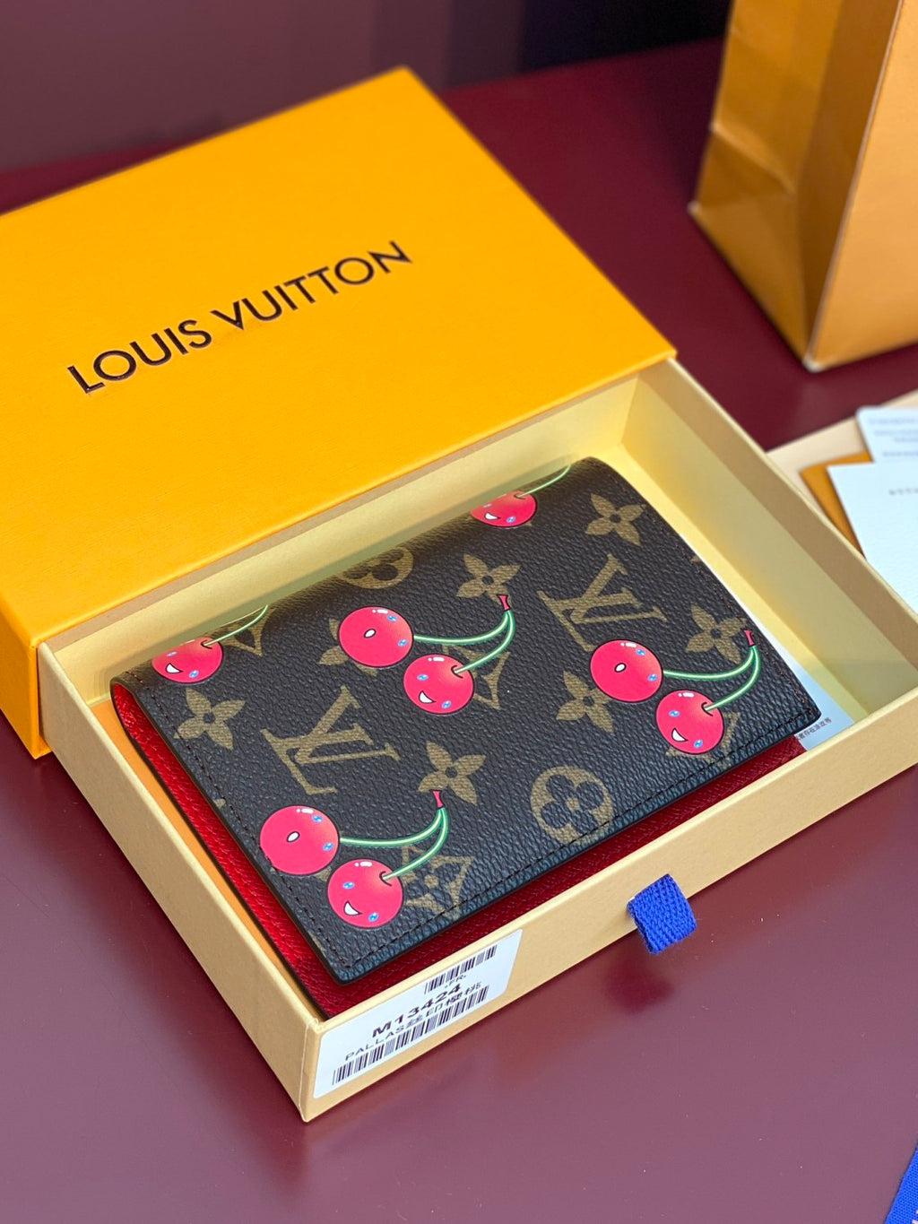 LV x TM Women's Brown Leather Passport Wallet with Cherry Pattern Print Bag Bags #77594