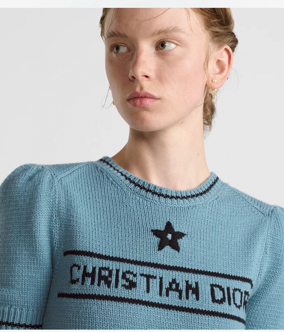 Women's Summer White Logo Round Neck Cashmere Knit Short Sleeve T-Shirt #74553